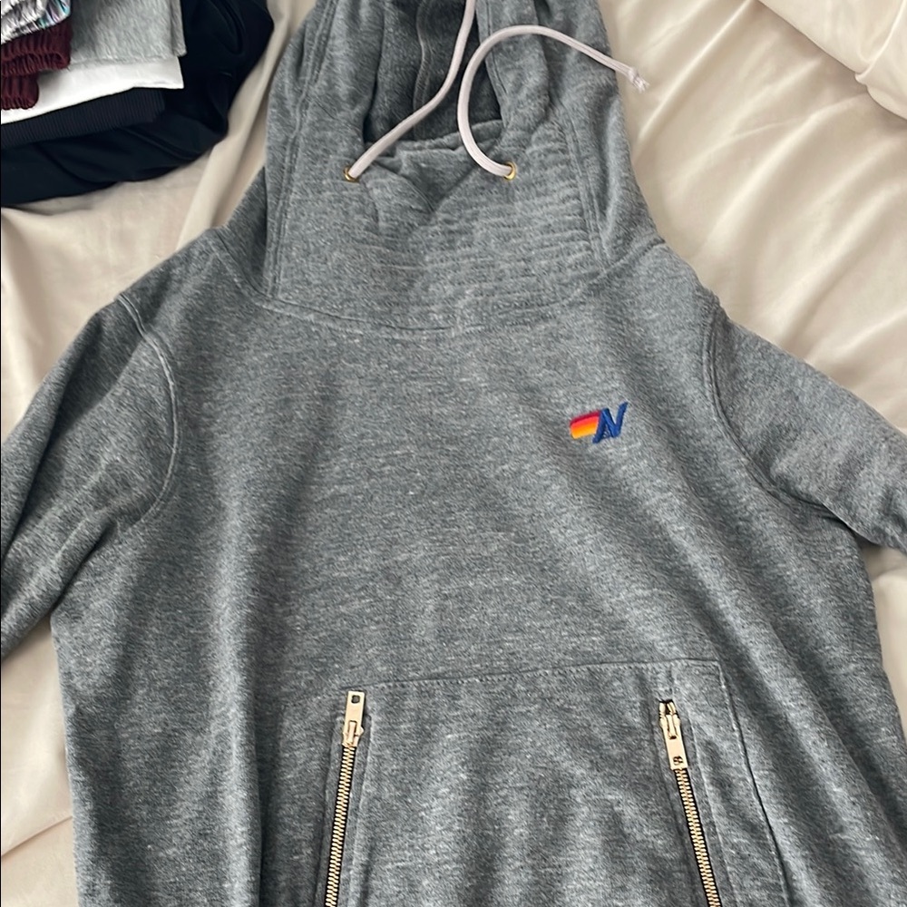 Aviator Nation Gray scuba Hoodie with Colorful Embroidered Logo
